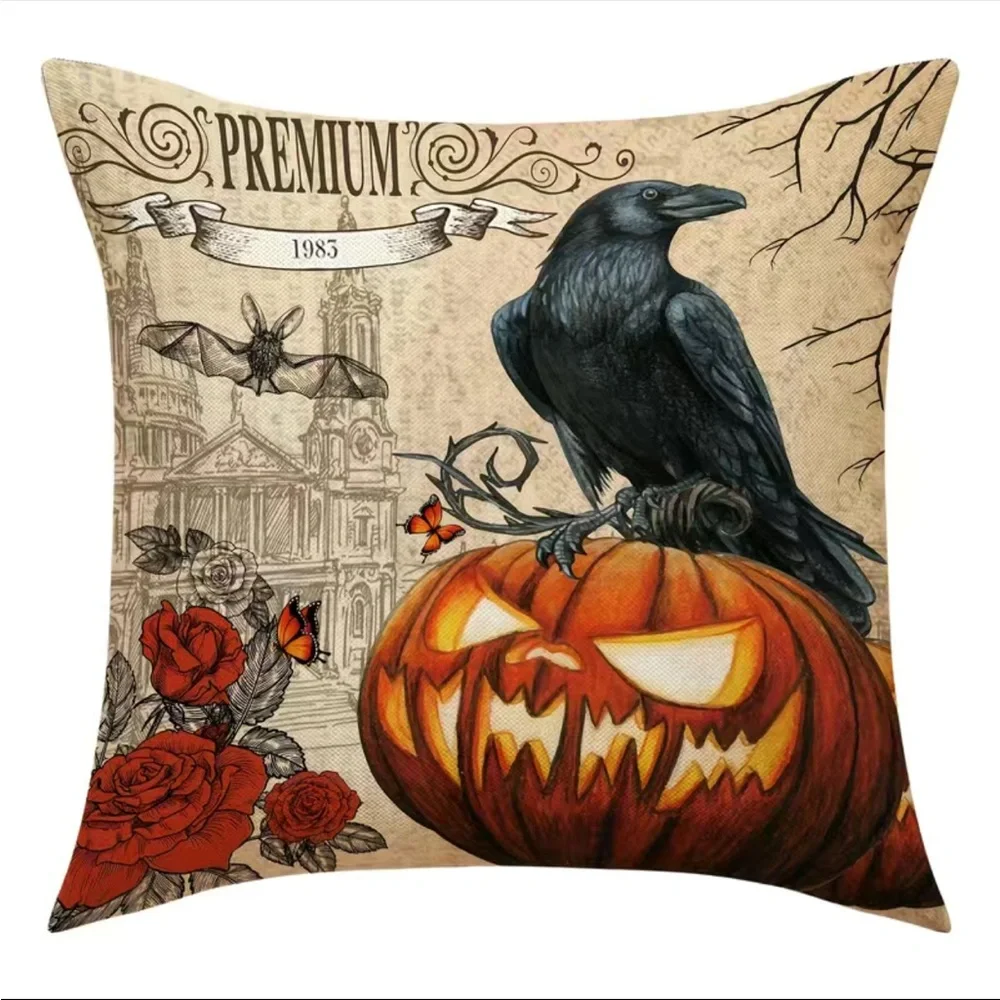 4pcs Vintage Halloween Throw Pillow Covers For Black Cat/Crow/Pumpkin/Skull Thro
